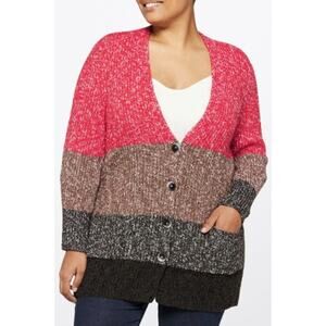 Nic + Zoe V Neck Button Front Warm Ember Cardigan Sweater Multi Striped Size XL